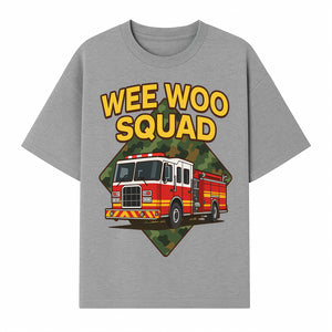Wee Woo Squad Fire Truck Graphic Tee - Fun Firefighter Kids Shirt, Camouflage Background, Unique Design for Little Heroes - T-shirt 1757912447549.jpg
