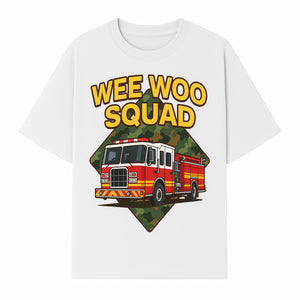Wee Woo Squad Fire Truck Graphic Tee - Fun Firefighter Kids Shirt, Camouflage Background, Unique Design for Little Heroes - T-shirt 1757912447697.jpg