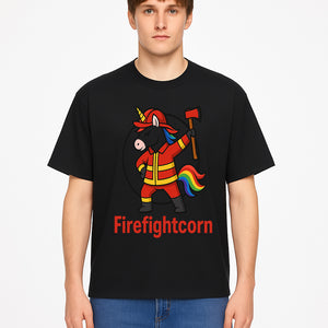 Firefightcorn Unicorn Hero T-Shirt | Cute Firefighter Graphic Tee | Rainbow Mane Casual Wear for Kids & Adults - T-shirt 1757912448285.jpg