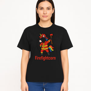 Firefightcorn Unicorn Hero T-Shirt | Cute Firefighter Graphic Tee | Rainbow Mane Casual Wear for Kids & Adults - T-shirt 1757912448396.jpg