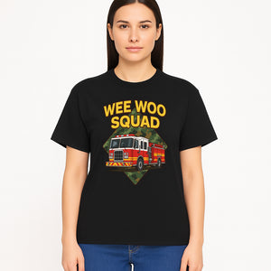 Wee Woo Squad Fire Truck Graphic Tee - Fun Firefighter Kids Shirt, Camouflage Background, Unique Design for Little Heroes - T-shirt 1757912449028.jpg