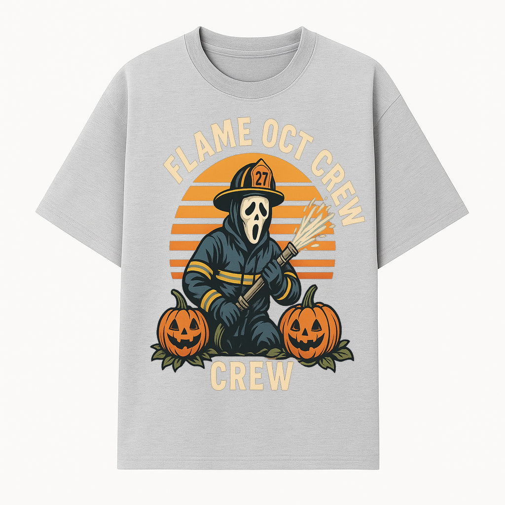 Flame October Crew Graphic Tee - Halloween Firefighter Design with Pumpkins and Ghost Mask for Spooky Season Fun - T-shirt 1757912449029.jpg