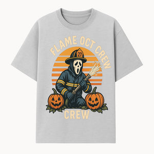 Flame October Crew Graphic Tee - Halloween Firefighter Design with Pumpkins and Ghost Mask for Spooky Season Fun - T-shirt 1757912449029.jpg