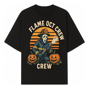 Flame October Crew Graphic Tee - Halloween Firefighter Design with Pumpkins and Ghost Mask for Spooky Season Fun - T-shirt 1757912449179.jpg