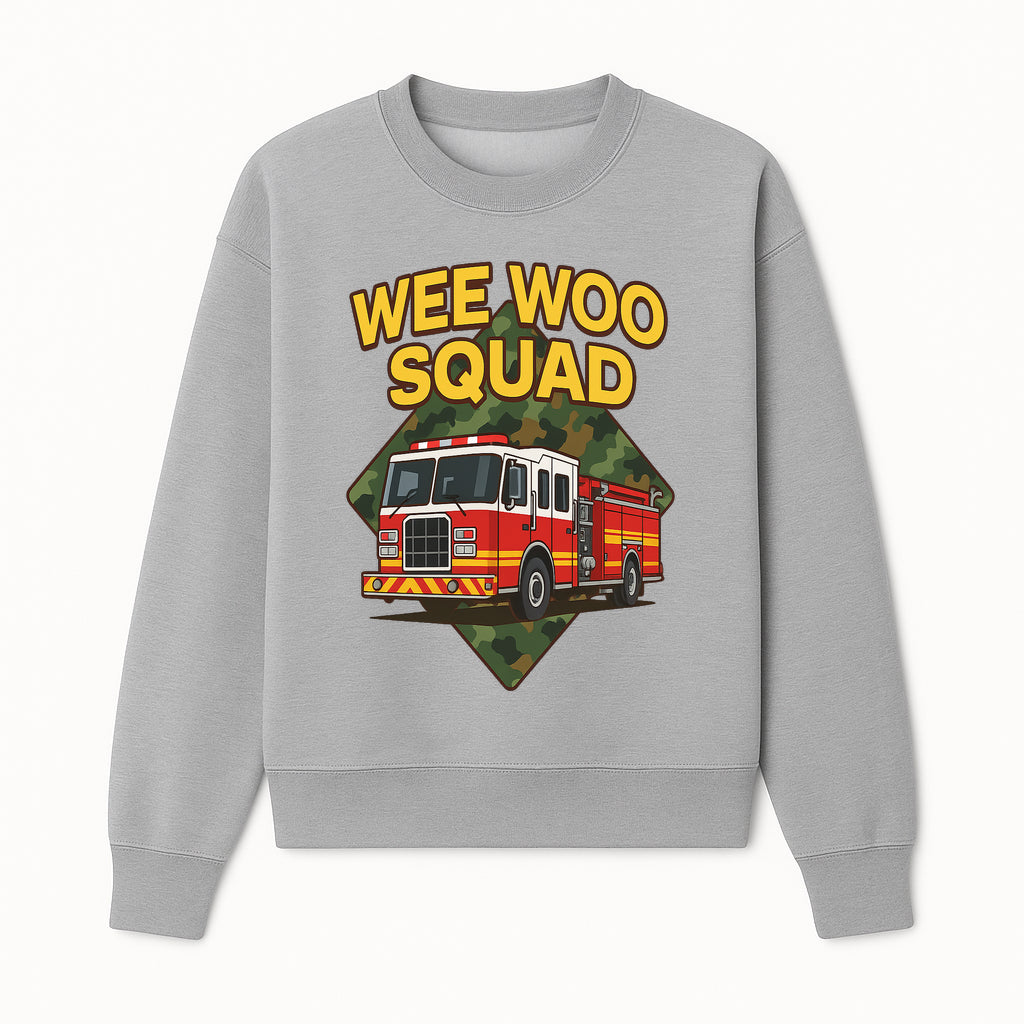 Wee Woo Squad Fire Truck Graphic Tee - Fun Firefighter Kids Shirt, Camouflage Background, Unique Design for Little Heroes - Sweatshirt 1757912449198.jpg