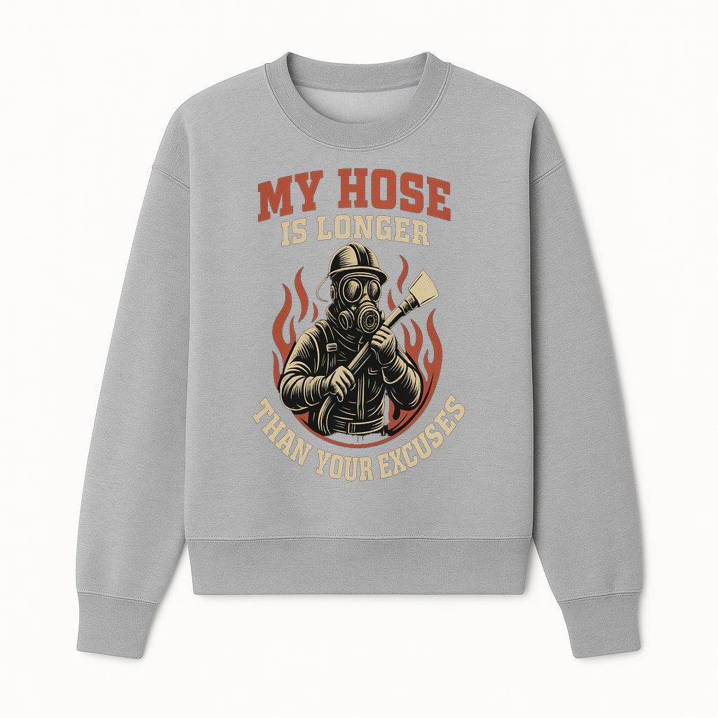 Firefighter Humor T-Shirt: 'My Hose is Longer Than Your Excuses' Vintage Design for Firefighting Enthusiasts - Sweatshirt 1757912449266.jpg