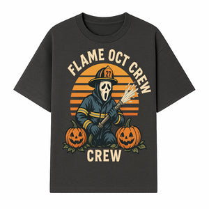 Flame October Crew Graphic Tee - Halloween Firefighter Design with Pumpkins and Ghost Mask for Spooky Season Fun - T-shirt 1757912449346.jpg