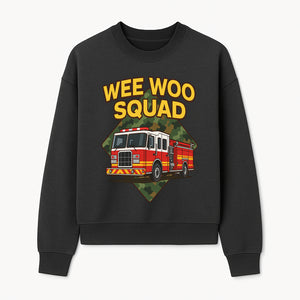 Wee Woo Squad Fire Truck Graphic Tee - Fun Firefighter Kids Shirt, Camouflage Background, Unique Design for Little Heroes - Sweatshirt 1757912449511.jpg