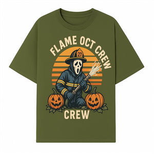 Flame October Crew Graphic Tee - Halloween Firefighter Design with Pumpkins and Ghost Mask for Spooky Season Fun - T-shirt 1757912449544.jpg