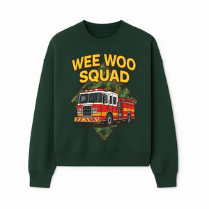 Wee Woo Squad Fire Truck Graphic Tee - Fun Firefighter Kids Shirt, Camouflage Background, Unique Design for Little Heroes - Sweatshirt 1757912449699.jpg