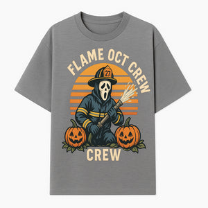 Flame October Crew Graphic Tee - Halloween Firefighter Design with Pumpkins and Ghost Mask for Spooky Season Fun - T-shirt 1757912449701.jpg