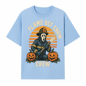 Flame October Crew Graphic Tee - Halloween Firefighter Design with Pumpkins and Ghost Mask for Spooky Season Fun - T-shirt 1757912449873.jpg