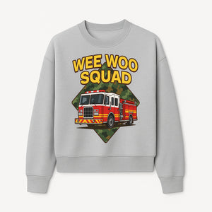 Wee Woo Squad Fire Truck Graphic Tee - Fun Firefighter Kids Shirt, Camouflage Background, Unique Design for Little Heroes - Sweatshirt 1757912449879.jpg