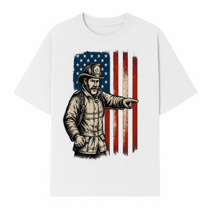 Vintage Firefighter with American Flag Graphic T-Shirt | Patriotic Fireman Apparel | Fire Rescue Lover Gift - T-shirt 1757912449952.jpg