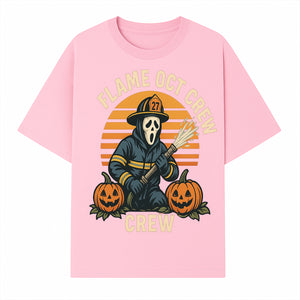 Flame October Crew Graphic Tee - Halloween Firefighter Design with Pumpkins and Ghost Mask for Spooky Season Fun - T-shirt 1757912450029.jpg