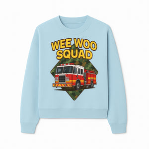 Wee Woo Squad Fire Truck Graphic Tee - Fun Firefighter Kids Shirt, Camouflage Background, Unique Design for Little Heroes - Sweatshirt 1757912450046.jpg