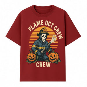 Flame October Crew Graphic Tee - Halloween Firefighter Design with Pumpkins and Ghost Mask for Spooky Season Fun - T-shirt 1757912450189.jpg