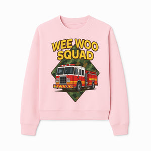 Wee Woo Squad Fire Truck Graphic Tee - Fun Firefighter Kids Shirt, Camouflage Background, Unique Design for Little Heroes - Sweatshirt 1757912450281.jpg