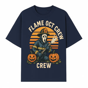 Flame October Crew Graphic Tee - Halloween Firefighter Design with Pumpkins and Ghost Mask for Spooky Season Fun - T-shirt 1757912450367.jpg