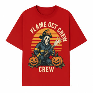 Flame October Crew Graphic Tee - Halloween Firefighter Design with Pumpkins and Ghost Mask for Spooky Season Fun - T-shirt 1757912450547.jpg