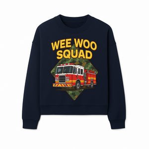 Wee Woo Squad Fire Truck Graphic Tee - Fun Firefighter Kids Shirt, Camouflage Background, Unique Design for Little Heroes - Sweatshirt 1757912450559.jpg
