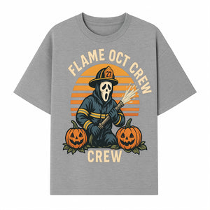 Flame October Crew Graphic Tee - Halloween Firefighter Design with Pumpkins and Ghost Mask for Spooky Season Fun - T-shirt 1757912450700.jpg