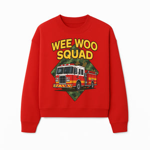 Wee Woo Squad Fire Truck Graphic Tee - Fun Firefighter Kids Shirt, Camouflage Background, Unique Design for Little Heroes - Sweatshirt 1757912450706.jpg