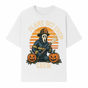 Flame October Crew Graphic Tee - Halloween Firefighter Design with Pumpkins and Ghost Mask for Spooky Season Fun - T-shirt 1757912450866.jpg
