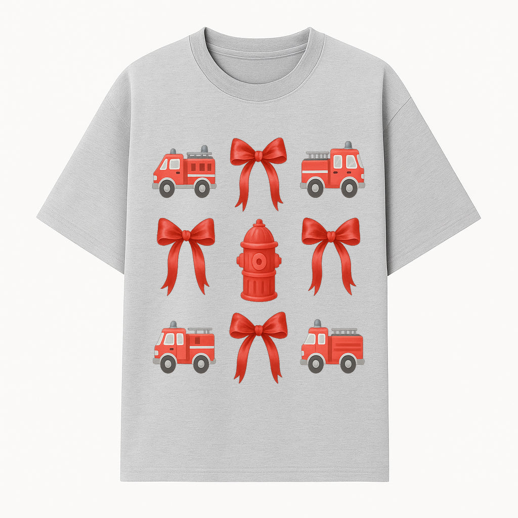 Fire Truck and Hydrant Pattern with Red Bows for Kids' Decor, Nursery Bedding, Gift Wrap, and Party Supplies. - T-shirt 1757912451024.jpg