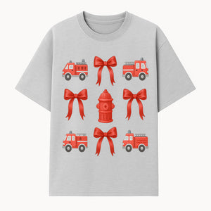 Fire Truck and Hydrant Pattern with Red Bows for Kids' Decor, Nursery Bedding, Gift Wrap, and Party Supplies. - T-shirt 1757912451024.jpg