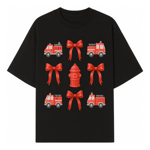 Fire Truck and Hydrant Pattern with Red Bows for Kids' Decor, Nursery Bedding, Gift Wrap, and Party Supplies. - T-shirt 1757912451188.jpg