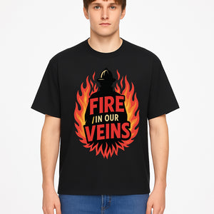 Firefighter Fire in Our Veins Graphic Tee | Flame Design | Bold Typography | Perfect Gift for Firefighters and Supporters - T-shirt 1757912451202.jpg