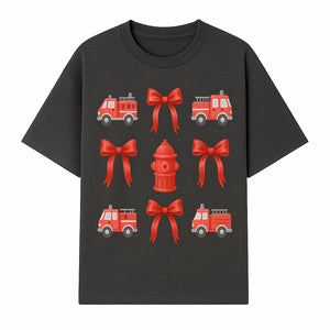 Fire Truck and Hydrant Pattern with Red Bows for Kids' Decor, Nursery Bedding, Gift Wrap, and Party Supplies. - T-shirt 1757912451343.jpg