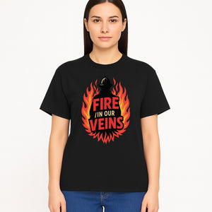 Firefighter Fire in Our Veins Graphic Tee | Flame Design | Bold Typography | Perfect Gift for Firefighters and Supporters - T-shirt 1757912451350.jpg