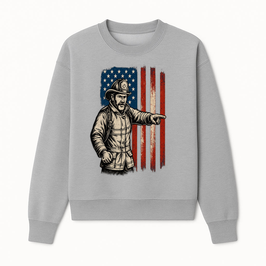Vintage Firefighter with American Flag Graphic T-Shirt | Patriotic Fireman Apparel | Fire Rescue Lover Gift - Sweatshirt 1757912451439.jpg