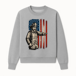 Vintage Firefighter with American Flag Graphic T-Shirt | Patriotic Fireman Apparel | Fire Rescue Lover Gift - Sweatshirt 1757912451439.jpg