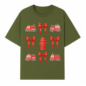 Fire Truck and Hydrant Pattern with Red Bows for Kids' Decor, Nursery Bedding, Gift Wrap, and Party Supplies. - T-shirt 1757912451483.jpg