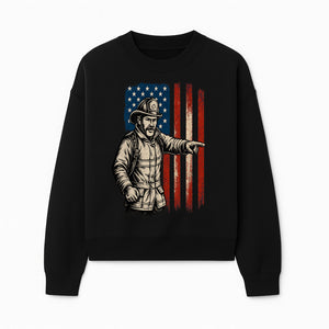 Vintage Firefighter with American Flag Graphic T-Shirt | Patriotic Fireman Apparel | Fire Rescue Lover Gift - Sweatshirt 1757912451582.jpg