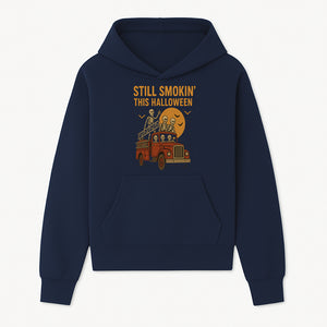 Vintage Skeleton Fire Truck Halloween Graphic T-Shirt, Retro Spooky Apparel, Still Smokin' This Halloween, Fun Costume Party Wear - Hoodie 1757912451668.jpg