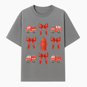 Fire Truck and Hydrant Pattern with Red Bows for Kids' Decor, Nursery Bedding, Gift Wrap, and Party Supplies. - T-shirt 1757912451688.jpg