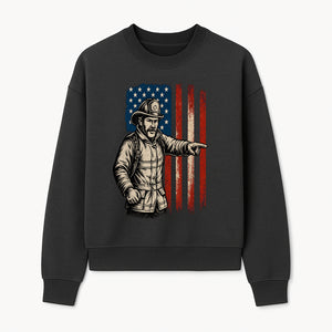Vintage Firefighter with American Flag Graphic T-Shirt | Patriotic Fireman Apparel | Fire Rescue Lover Gift - Sweatshirt 1757912451760.jpg