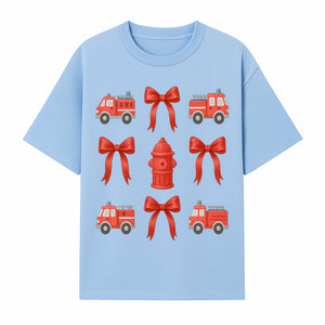 Fire Truck and Hydrant Pattern with Red Bows for Kids' Decor, Nursery Bedding, Gift Wrap, and Party Supplies. - T-shirt 1757912451845.jpg