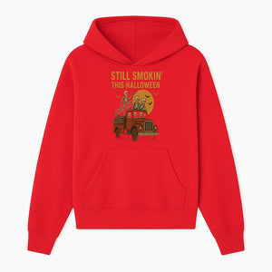 Vintage Skeleton Fire Truck Halloween Graphic T-Shirt, Retro Spooky Apparel, Still Smokin' This Halloween, Fun Costume Party Wear - Hoodie 1757912451861.jpg