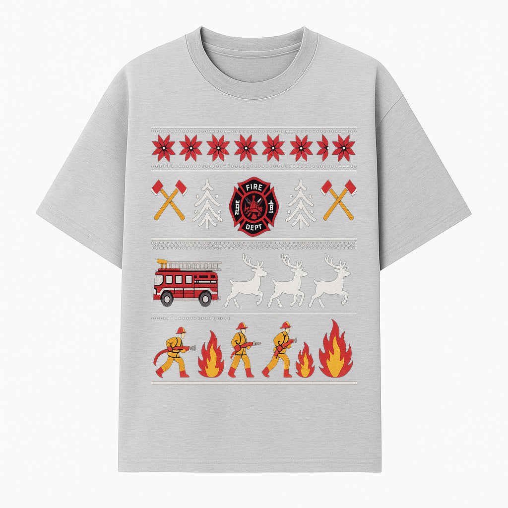 Firefighter Christmas Decor - Fire Department Theme with Fire Truck, Reindeer, Firemen, and Holiday Patterns for Festive Home Decor - T-shirt 1757912451913.jpg