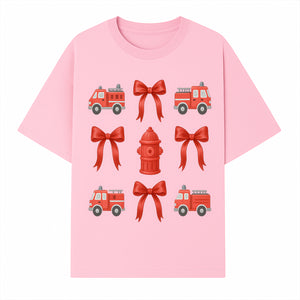 Fire Truck and Hydrant Pattern with Red Bows for Kids' Decor, Nursery Bedding, Gift Wrap, and Party Supplies. - T-shirt 1757912451983.jpg