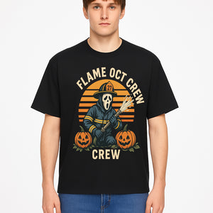 Flame October Crew Graphic Tee - Halloween Firefighter Design with Pumpkins and Ghost Mask for Spooky Season Fun - T-shirt 1757912452028.jpg