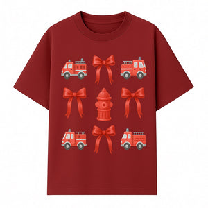 Fire Truck and Hydrant Pattern with Red Bows for Kids' Decor, Nursery Bedding, Gift Wrap, and Party Supplies. - T-shirt 1757912452134.jpg