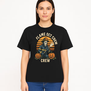 Flame October Crew Graphic Tee - Halloween Firefighter Design with Pumpkins and Ghost Mask for Spooky Season Fun - T-shirt 1757912452199.jpg
