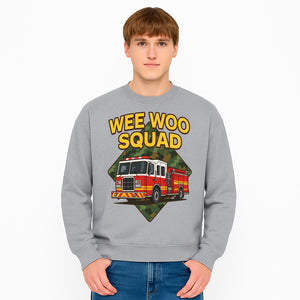 Wee Woo Squad Fire Truck Graphic Tee - Fun Firefighter Kids Shirt, Camouflage Background, Unique Design for Little Heroes - Sweatshirt 1757912452206.jpg