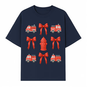 Fire Truck and Hydrant Pattern with Red Bows for Kids' Decor, Nursery Bedding, Gift Wrap, and Party Supplies. - T-shirt 1757912452285.jpg